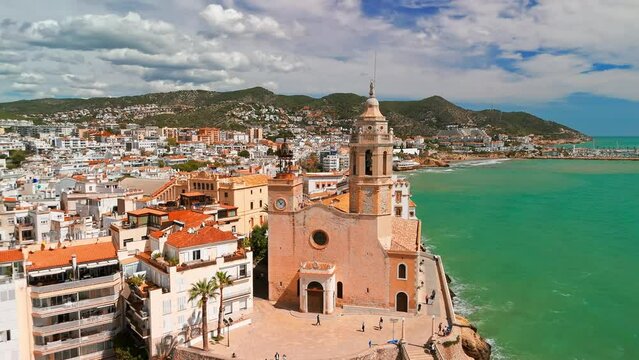 Aerial view of Sitges coastal town in Catalonia, Spain