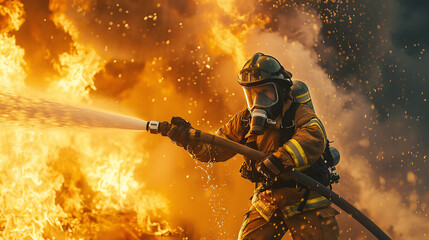 A firefighter in protective gear battles a raging fire.