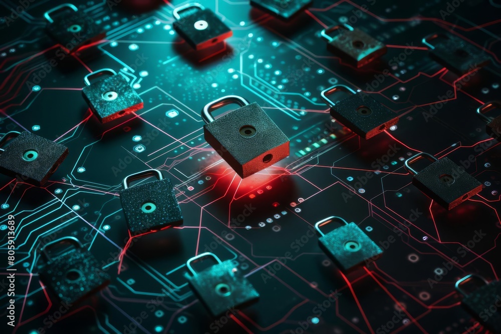 Poster a circuit board with multiple padlocks on it