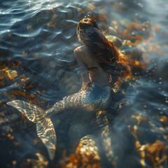 Mermaid in the ocean from behind in abstract blurry background, Legendary creature from fairytales.
