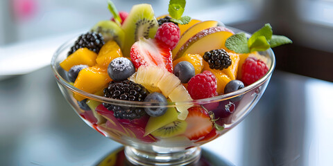 Fresh tasty fruit salad in the bowl on the wooden table. a colorful fruit salad in a clear glass bowl showcasing a mix of fresh berries melons and citrus fruits.