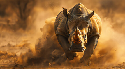 A powerful, muscular rhinoceros charges through the African savannah, its horn glinting in the sunlight