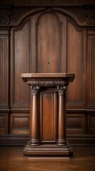 An empty wooden podium in a wood paneled room.
