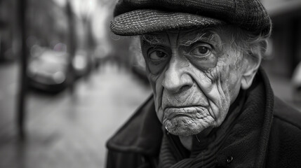 A black and white portrait of an old man with a hat. The man is looking at the camera with a serious expression.