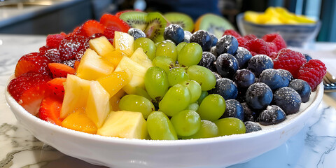 Fresh fruit salad in a glass bowl on a wooden table. Savoring a colorful, healthy fruit platter.