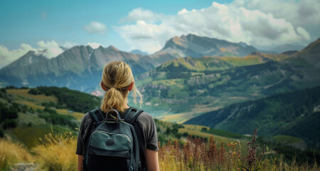 Female Hiker with Backpack Standing on a Mountain Trail, Overlooking a Stunning Alpine Landscape on a Clear Day