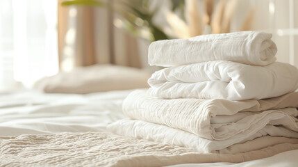 Fototapeta na wymiar A stack of neatly folded white towels on a bed