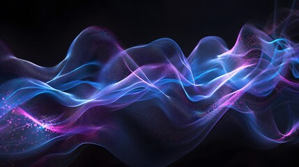 Abstract sound waves with detailed elements on black background, glowing effect, blue and purple colors
