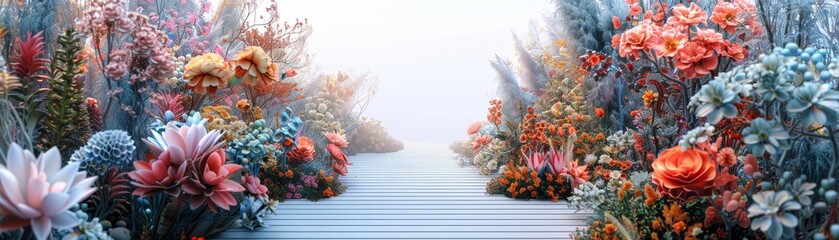 A beautiful flower garden with a path in the middle