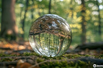 Forest Reflections Captured in a Crystal Ball. A crystal ball on a serene forest floor, reflecting the verdant trees and tranquil ambiance, ideal for themes of nature, reflection, and tranquility