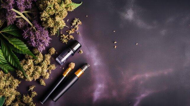Cannabis lifestyle flat lay with vaping pens and dried buds on a modern metallic background