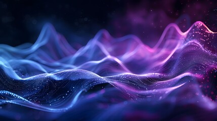 Abstract sound waves with detailed elements on black background, glowing effect, blue and purple colors