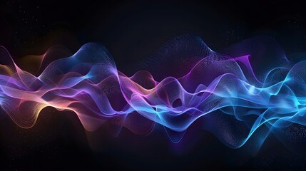 Obraz premium Abstract sound waves with detailed elements on black background, glowing effect, blue and purple colors