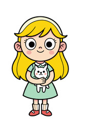 A cute cartoon girl in a dress holding a white kitten, full body