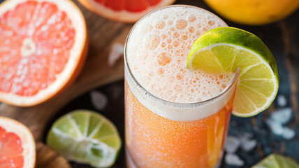 A glass of refreshing grapefruit juice topped with a lime slice, surrounded by whole grapefruits and limes on a dark wooden surface.