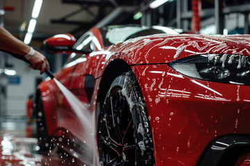 Car Wash Pressure Wash  with Foam to Rinse a Red Modern Sportscar.