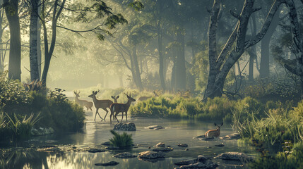 A misty forest scene with a group of deer cautiously navigating through the trees. They follow a narrow path that leads to a tranquil stream. The leading deer steps into the water, symbolizing trust 