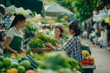 Asian woman selling fresh fruit and vegetables at traditional street market