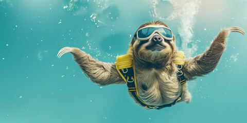Underwater diving sloth swims in ocean with life jacket and goggles. Generative AI