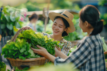 Asian woman selling fresh fruit and vegetables at traditional street market