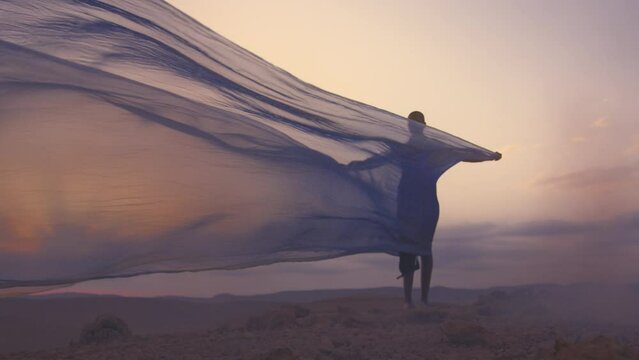 Woman holding silk sheet in the wind with purple smoke in desert