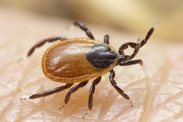 Detailed macro shot of tick crawling on human skin with focus on texture and intricate details
