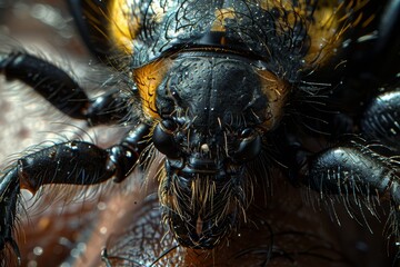 Detailed realistic tick on human skin, close-up view of tiny legs and mouthparts