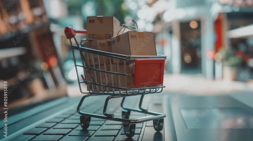 Poster resting on a laptop keyboard, a shopping cart filled with boxes showcases the convenience and versat
