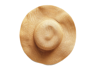 Floppy Straw Hat with Wide Brim, top view, on transparent background cutout, PNG file. Mockup template for artwork design