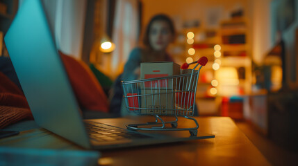 Perched on the laptop's trackpad, a shopping cart filled with boxes serves as a visual representation of the girl's digital shopping cart, as she sits nearby, contemplating her onl