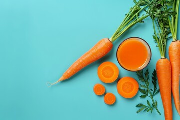 Carrot and glass of fresh juice on blue background 