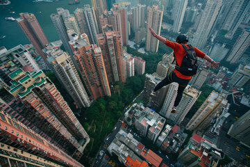 Base jumper is leaping and flying in air under the city, cityscape background, extreme sport , man skydiver