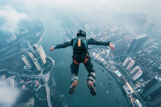 Base jumper is leaping and flying in air under the city, cityscape background, extreme sport , man skydiver