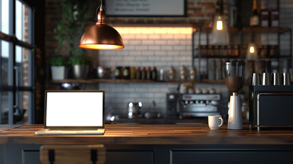 Front view of a chic coffee shop interior design, with a blank laptop screen on the table and stylish lamp light, creating an ideal workspace for customers to enjoy their beverage.