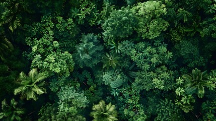 Aerial view of a dense forest with lush green trees, from a top down perspective. An aerial view of a dense jungle foliage with many different tree species, from a topdown view. 