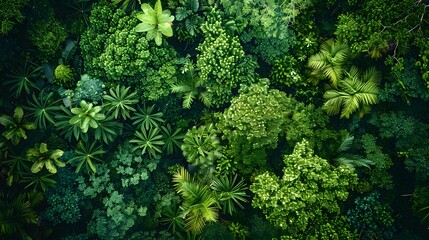 Aerial view of a dense forest with lush green trees, from a top down perspective. An aerial view of a dense jungle foliage with many different tree species, from a topdown view. 