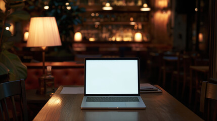 Cozy restaurant scene with a blank laptop screen on the table, offering a versatile workspace for diners, with soft lamp light adding to the relaxed atmosphere.