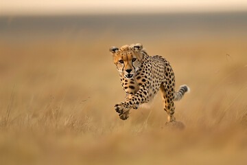 Running cheetah in the savannah
