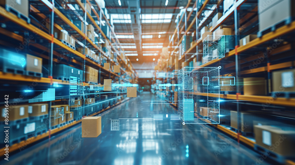 Poster in a state-of-the-art warehouse facility, storehouse boxes are stacked in rows, with a smart system 