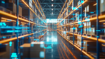 A futuristic warehouse scene with storehouse boxes neatly organized, as a smart system digital background orchestrates the time pick order and product check process for efficient s