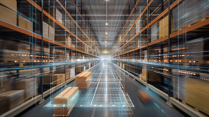 Amidst a high-tech warehouse environment, storehouse boxes are arranged systematically, with a smart system digital background orchestrating the time pick order and product check p