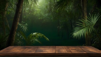 wooden shelf in tropical forest for product presentation and dark green background