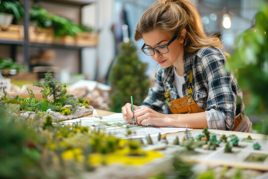 Woman designer Landscape architector at work in green eco office garden