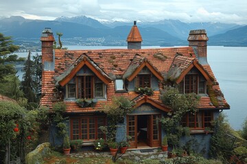 An ancient house with a red tiled roof, covered in moss, stands on the shore of a mountain lake.