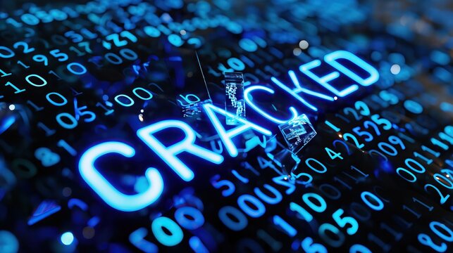 The word 'CRACKED' lights up in blue on a dark digital background, representing cybersecurity threats