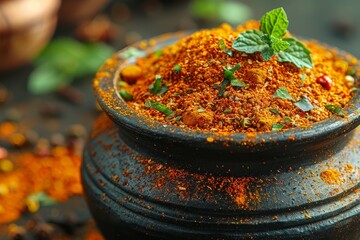 Black clay pot filled with orange spices and herbs with a neutral background, close-up, high detail.