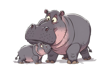 A cute cartoon illustration shows an adult hippopotamus and baby hippo