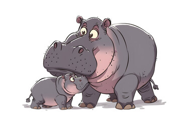 Fototapeta premium A cute cartoon illustration shows an adult hippopotamus and baby hippo