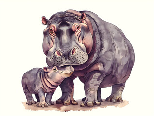 A cute cartoon illustration shows an adult hippopotamus and baby hippo