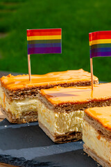 Celebration of the King birthday in Netherlands, tompoes or tompouce, iconic pastry in Netherlands...